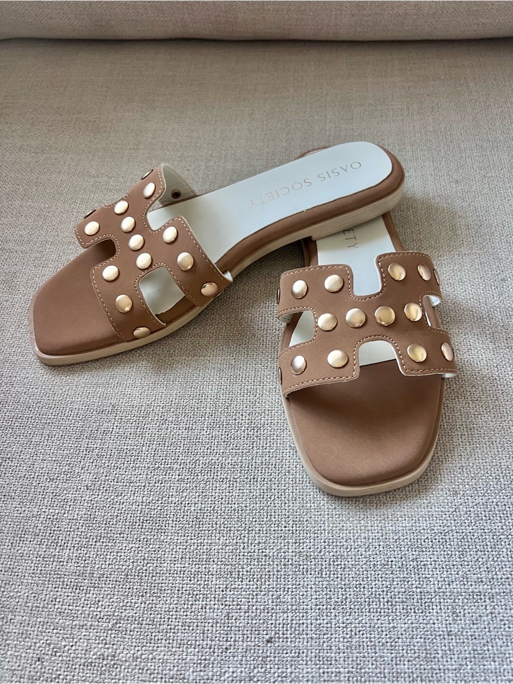 Oasis Society Tan Slide Sandals with Gold Stud Accents - NEW WITHOUT BOX